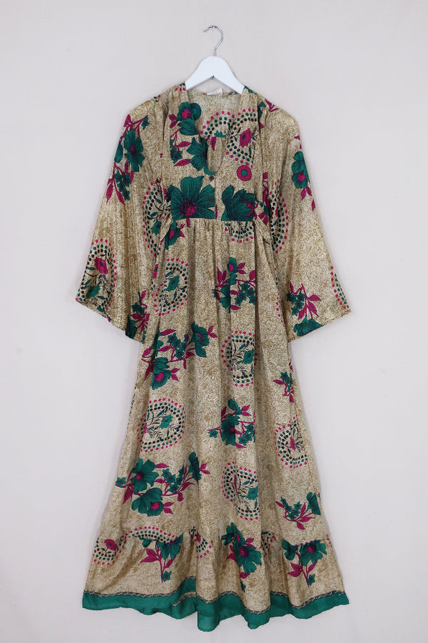 Lunar Maxi Dress - Vintage Sari - Antique Gold Blossom - Size XS