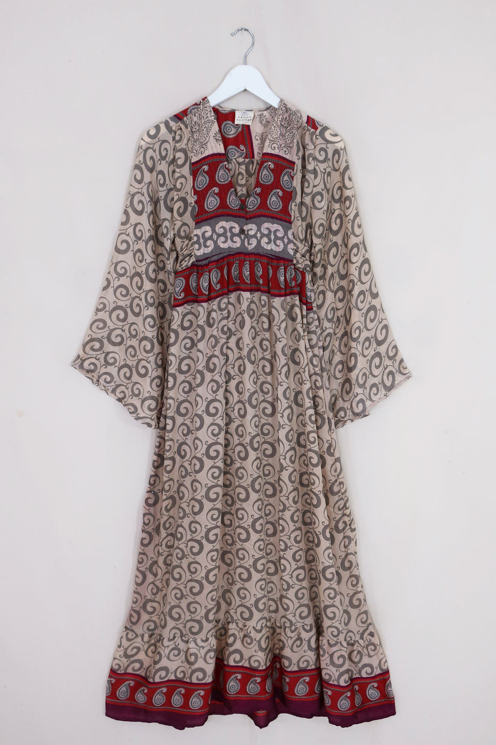Lunar Maxi Dress - Vintage Sari - Cream & Crimson Paisley - Size XS