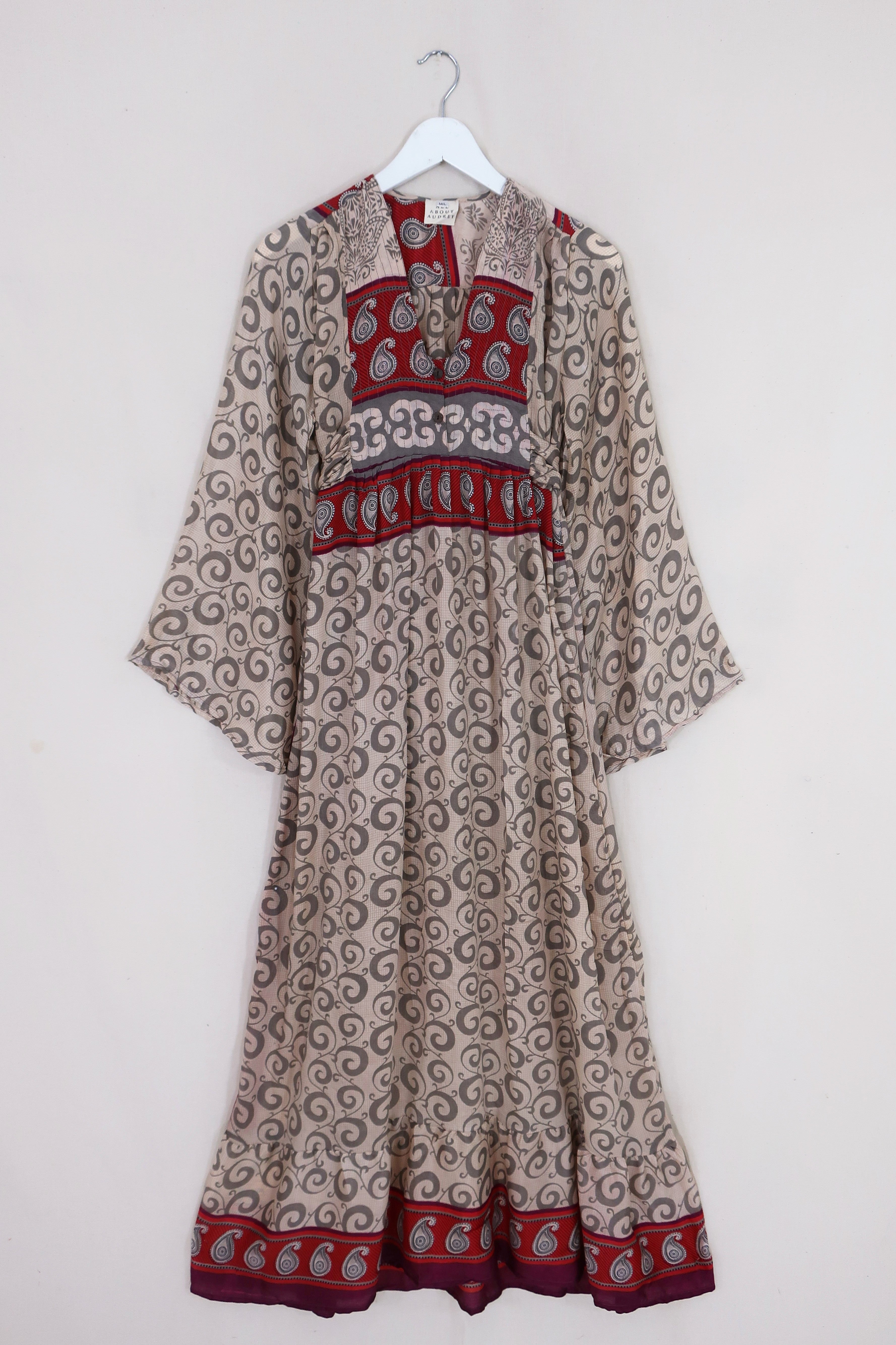 Lunar Maxi Dress - Vintage Sari - Cream & Crimson Paisley - Size XS