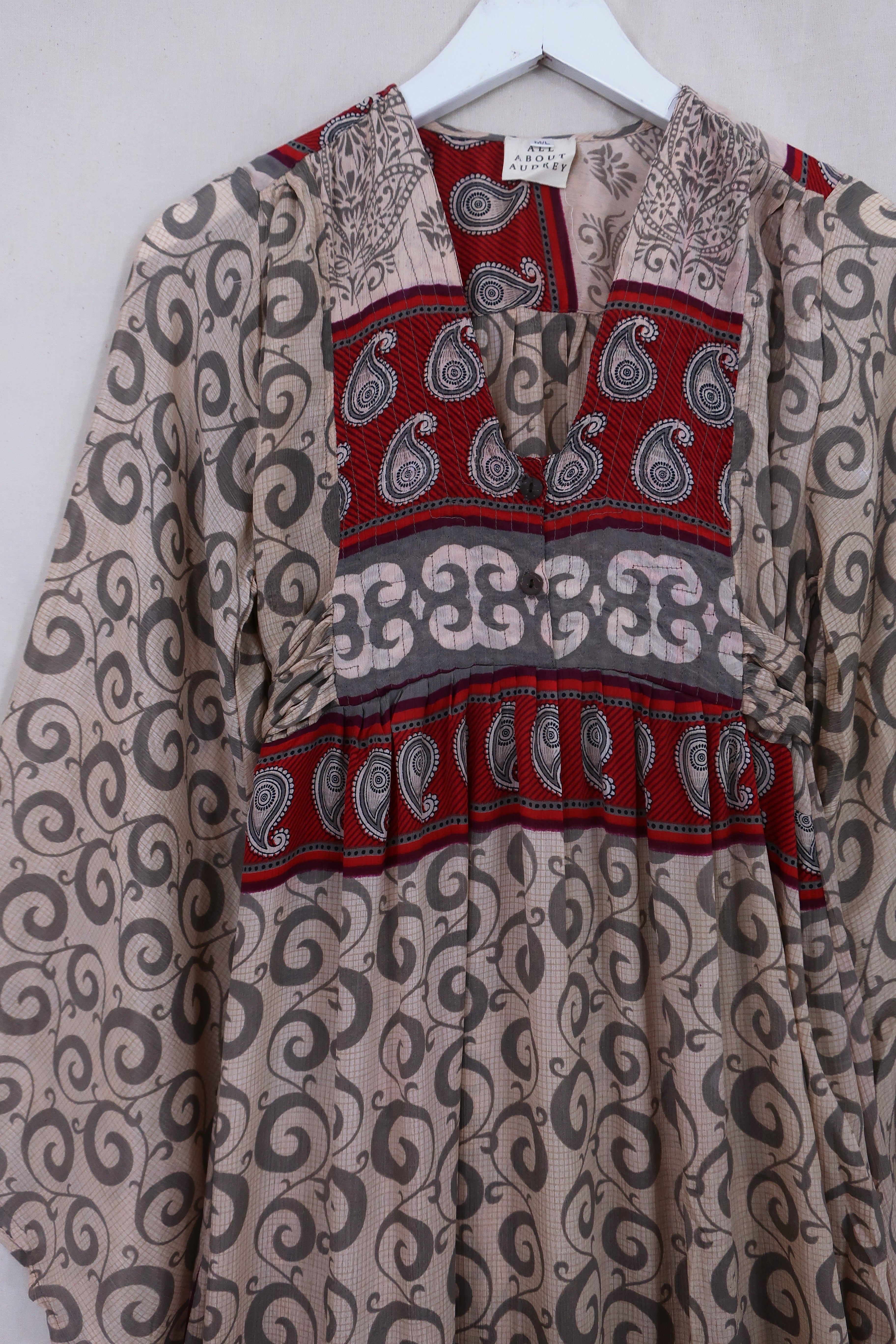 Lunar Maxi Dress - Vintage Sari - Cream & Crimson Paisley - Size XS