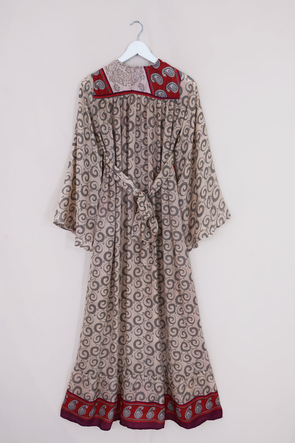 Lunar Maxi Dress - Vintage Sari - Cream & Crimson Paisley - Size XS