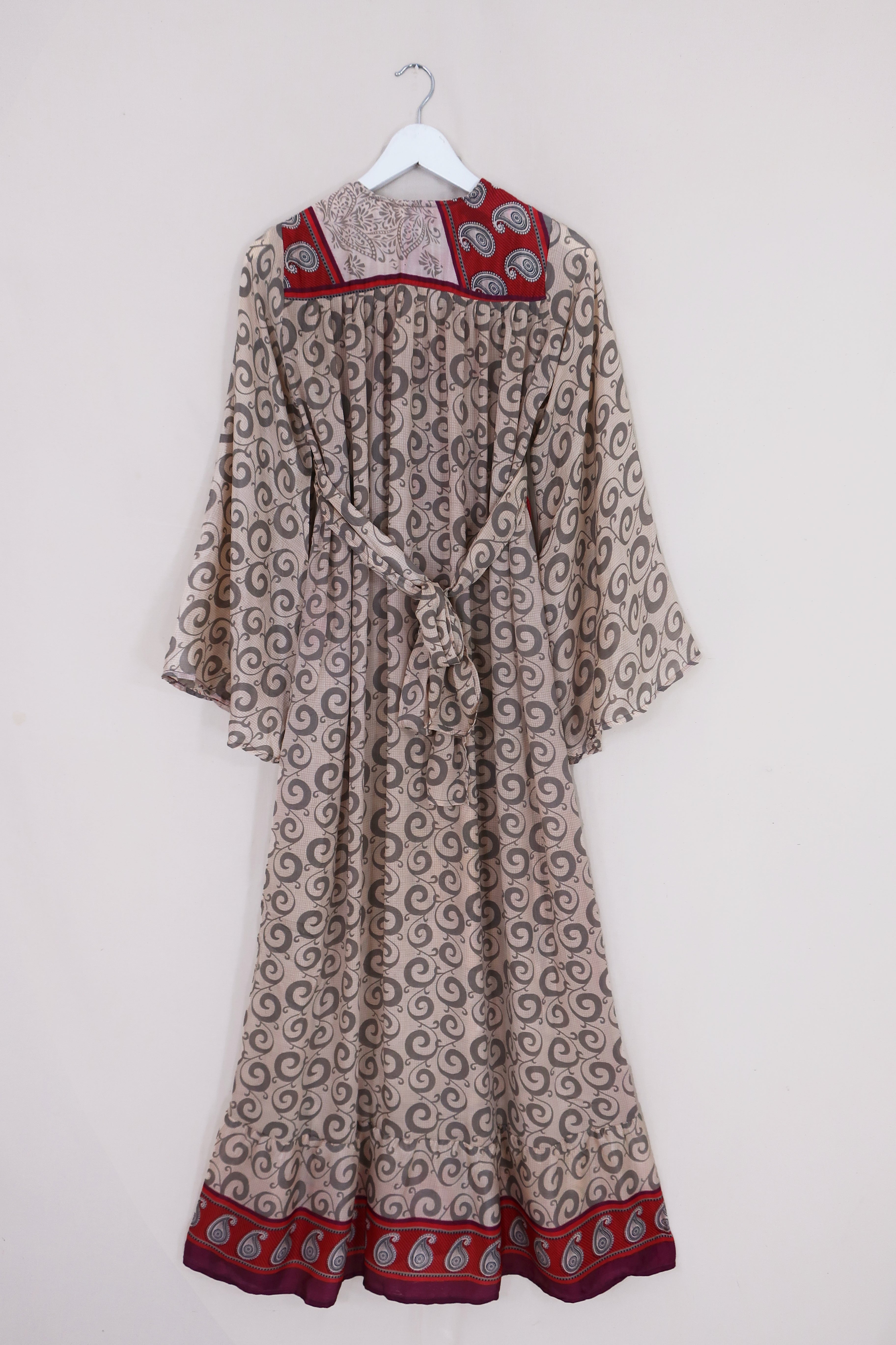 Lunar Maxi Dress - Vintage Sari - Cream & Crimson Paisley - Size XS