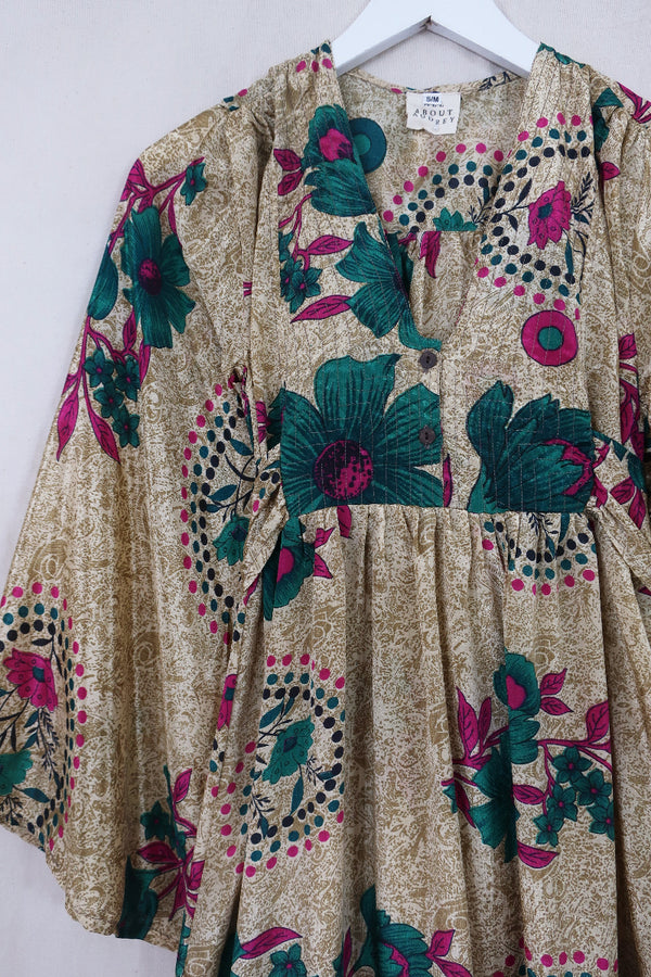 Lunar Maxi Dress - Vintage Sari - Antique Gold Blossom - Size XS