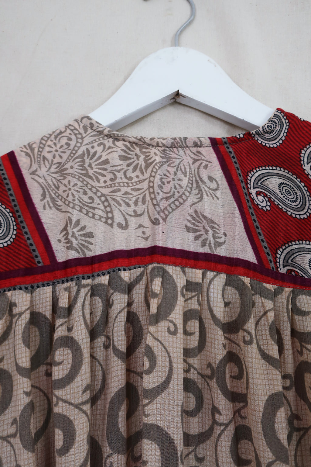 Lunar Maxi Dress - Vintage Sari - Cream & Crimson Paisley - Size XS
