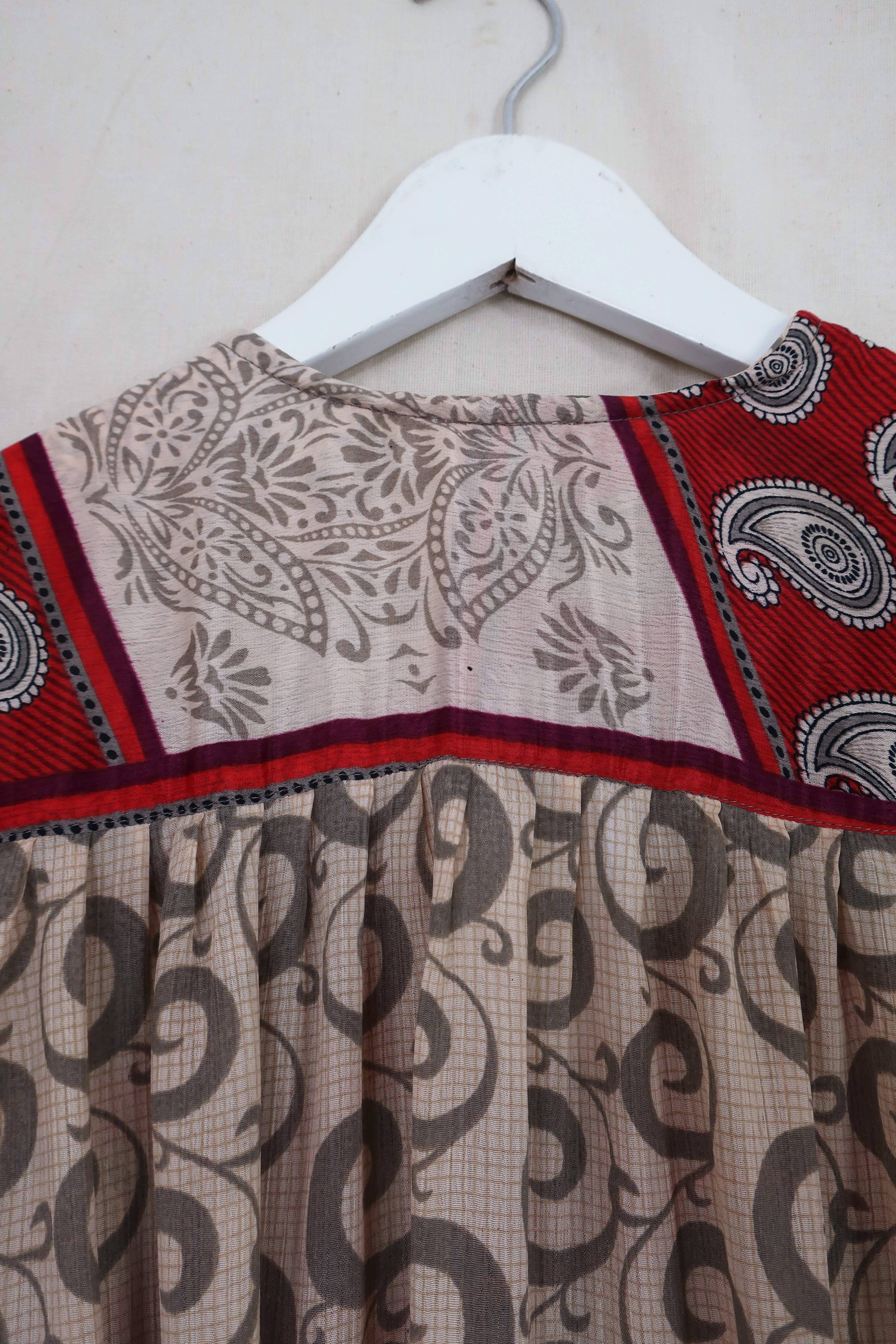 Lunar Maxi Dress - Vintage Sari - Cream & Crimson Paisley - Size XS