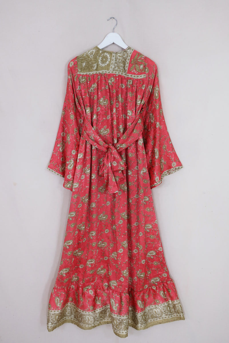 Lunar Maxi Dress - Vintage Sari - Coral & Champagne Wildflower - Size XS