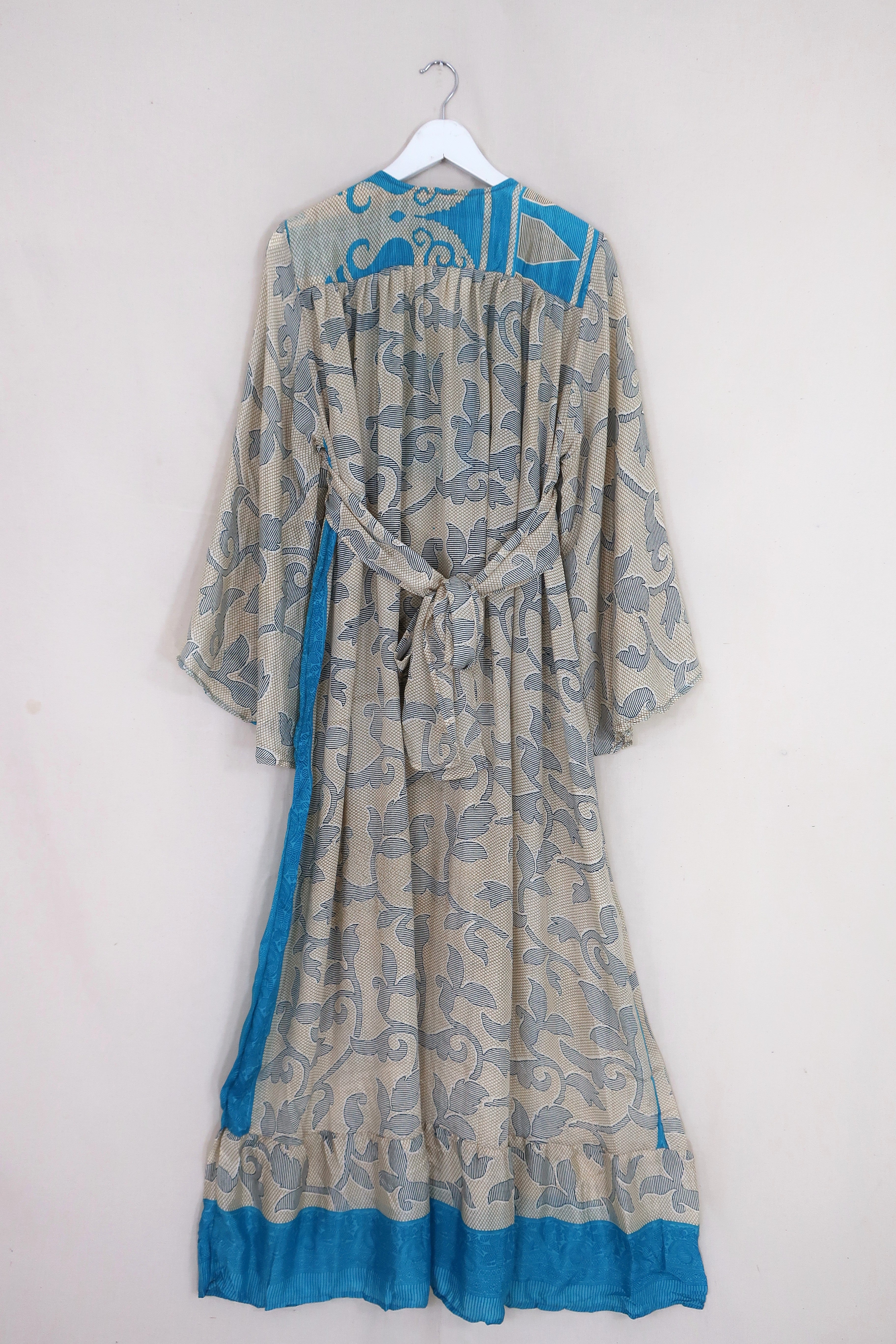 Lunar Maxi Dress - Vintage Sari - Ivory & Blue Nouveau - Size S/M