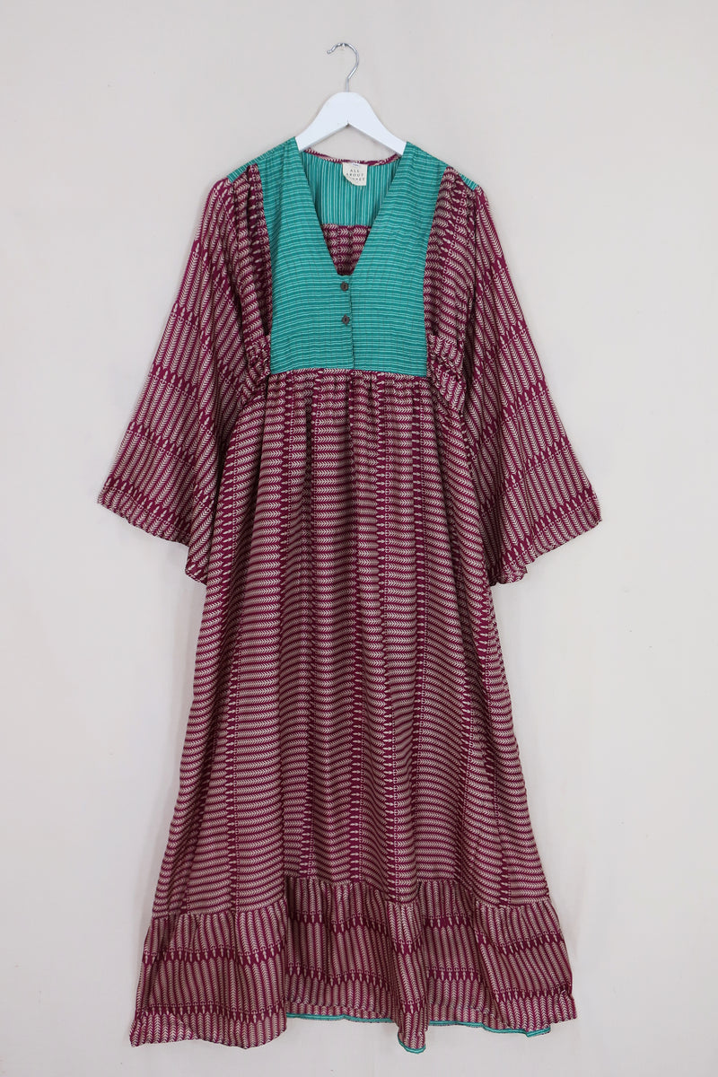 Lunar Maxi Dress - Vintage Sari - Claret Purple Ferns - Size S/M