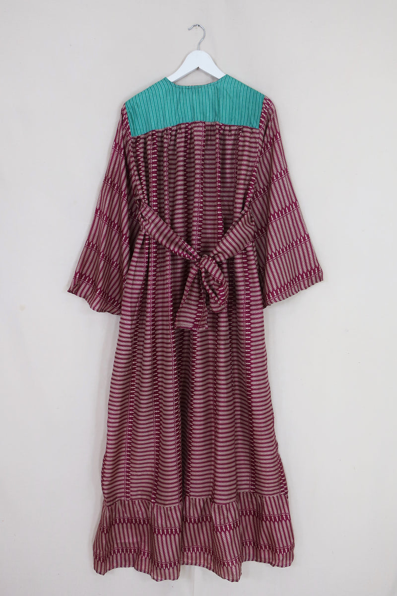 Lunar Maxi Dress - Vintage Sari - Claret Purple Ferns - Size S/M