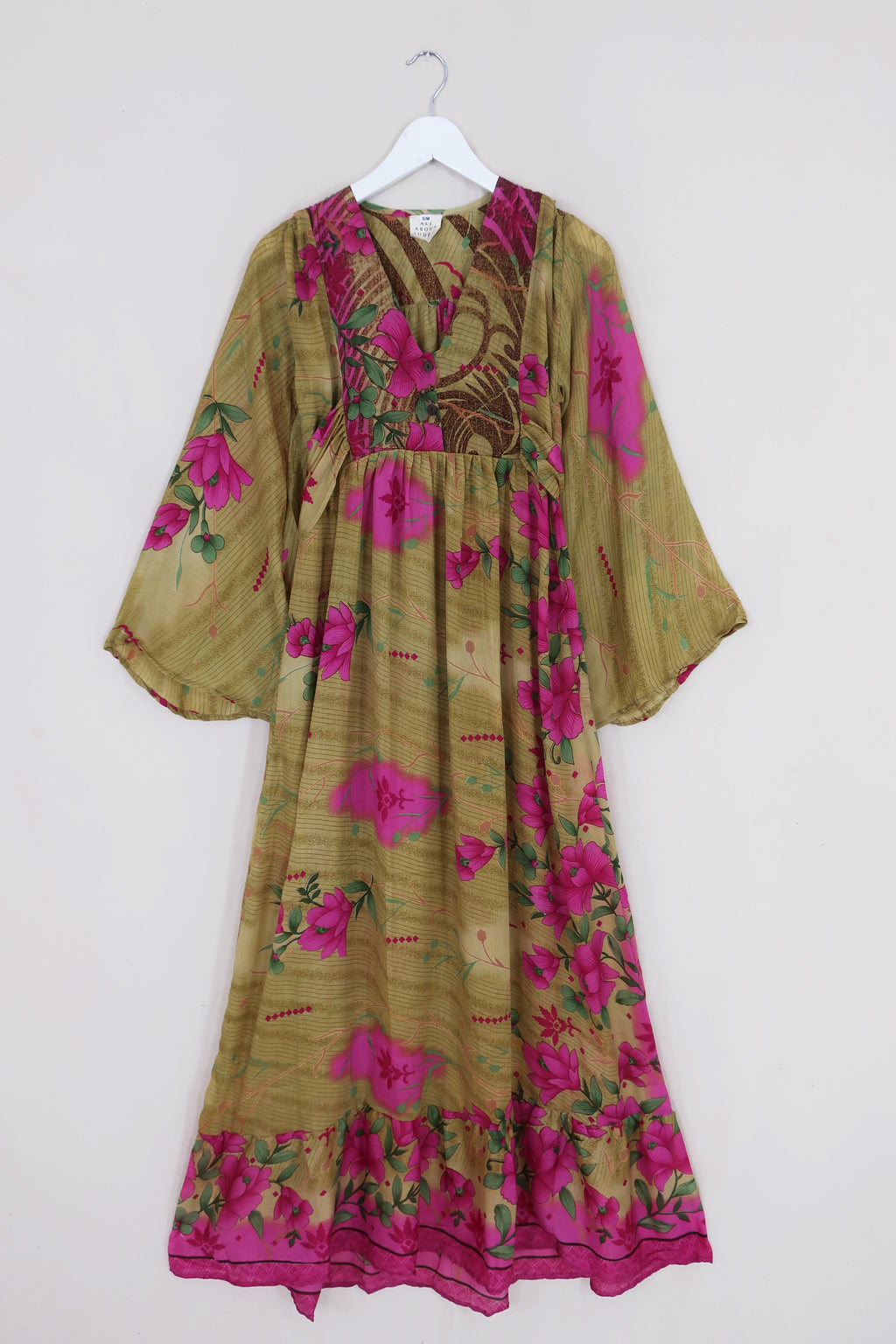 Lunar Maxi Dress - Vintage Sari - Golden Sand Spring Floral - Size XXS