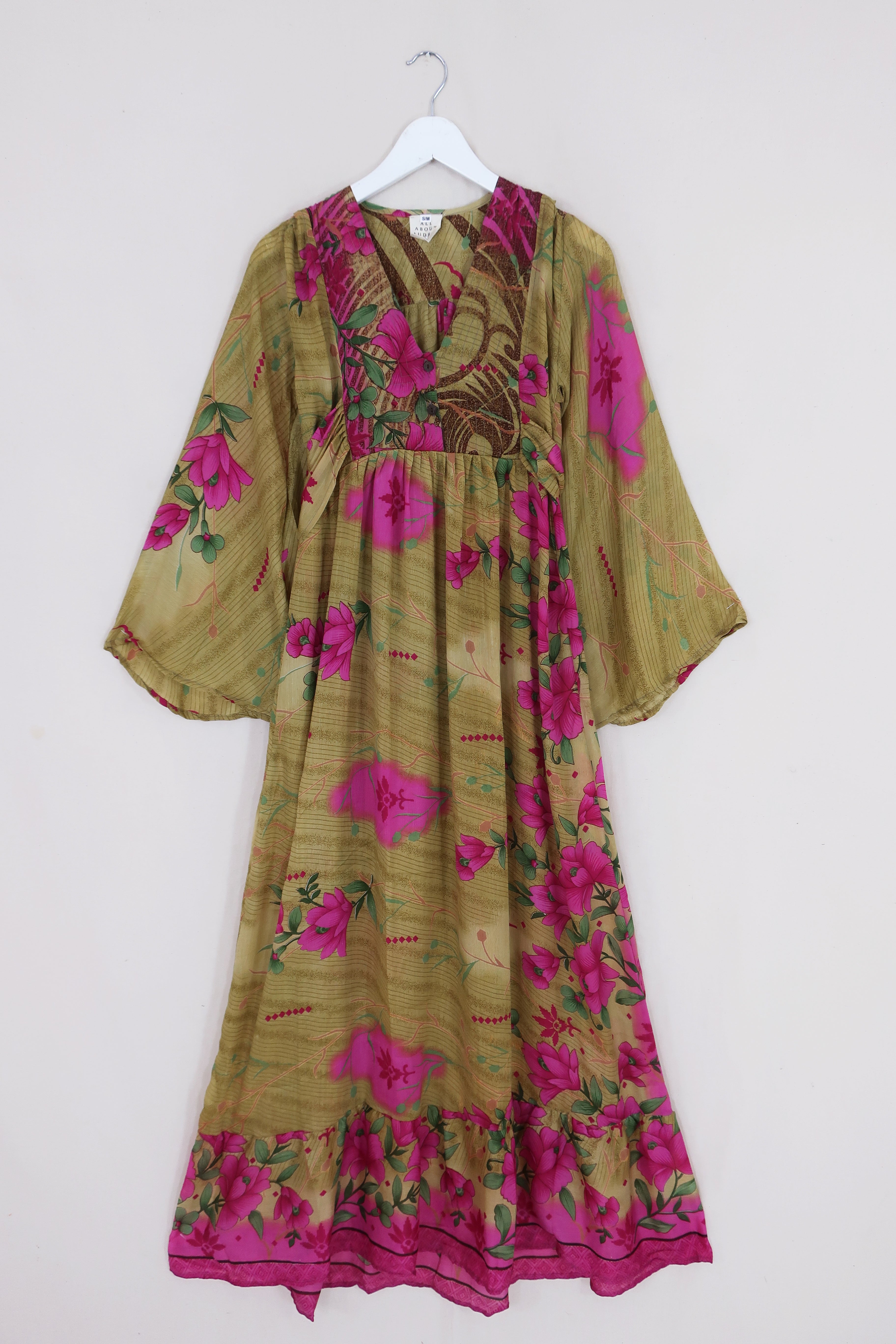 Lunar Maxi Dress - Vintage Sari - Golden Sand Spring Floral - Size XXS