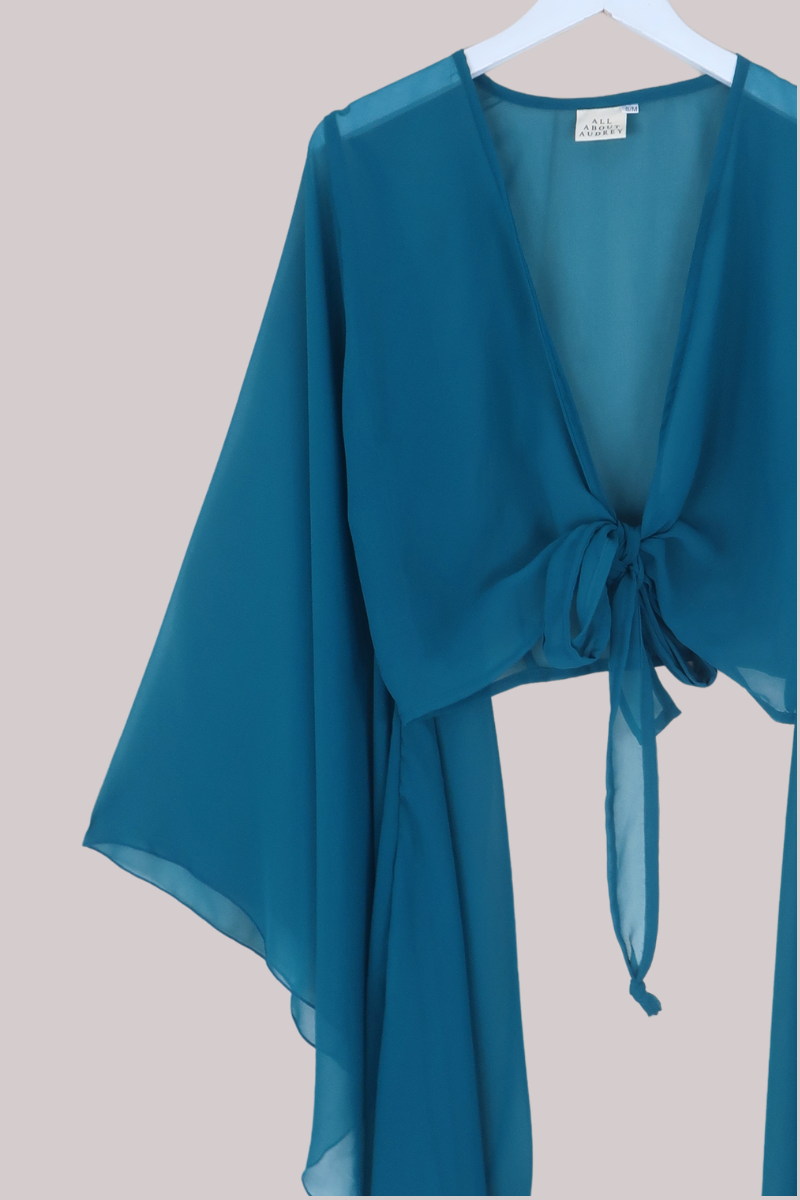 The Madonna Sheer Wrap Top in Lucky Star Blue