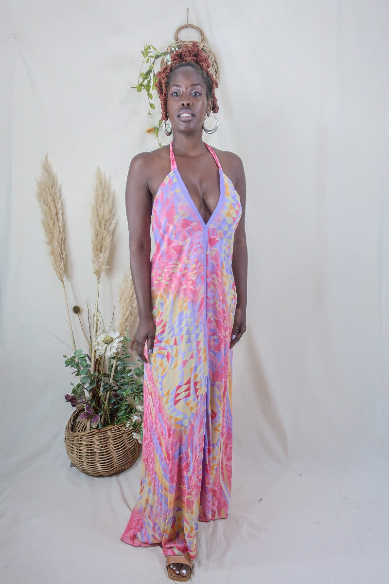 Athena Maxi Dress - Vintage Sari - Dahlia Pink Pastel Abstract - XS to M/L By All About Audrey