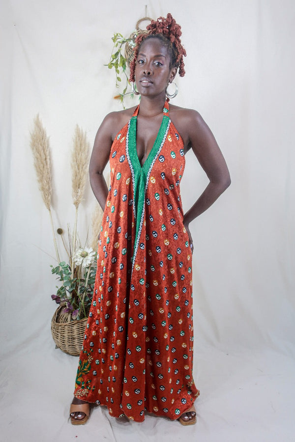 Athena Maxi Dress - Vintage Sari - Rust Orange Ying & Yang Paisley - S to L/XL By All About Audrey