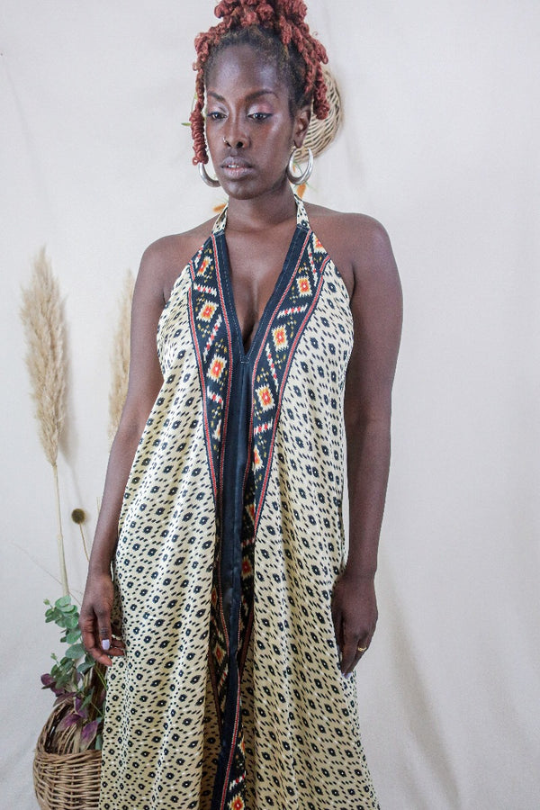 Athena Maxi Dress - Vintage Sari - Cream & Charcoal Kilim Print - S to L/XL By All About Audrey