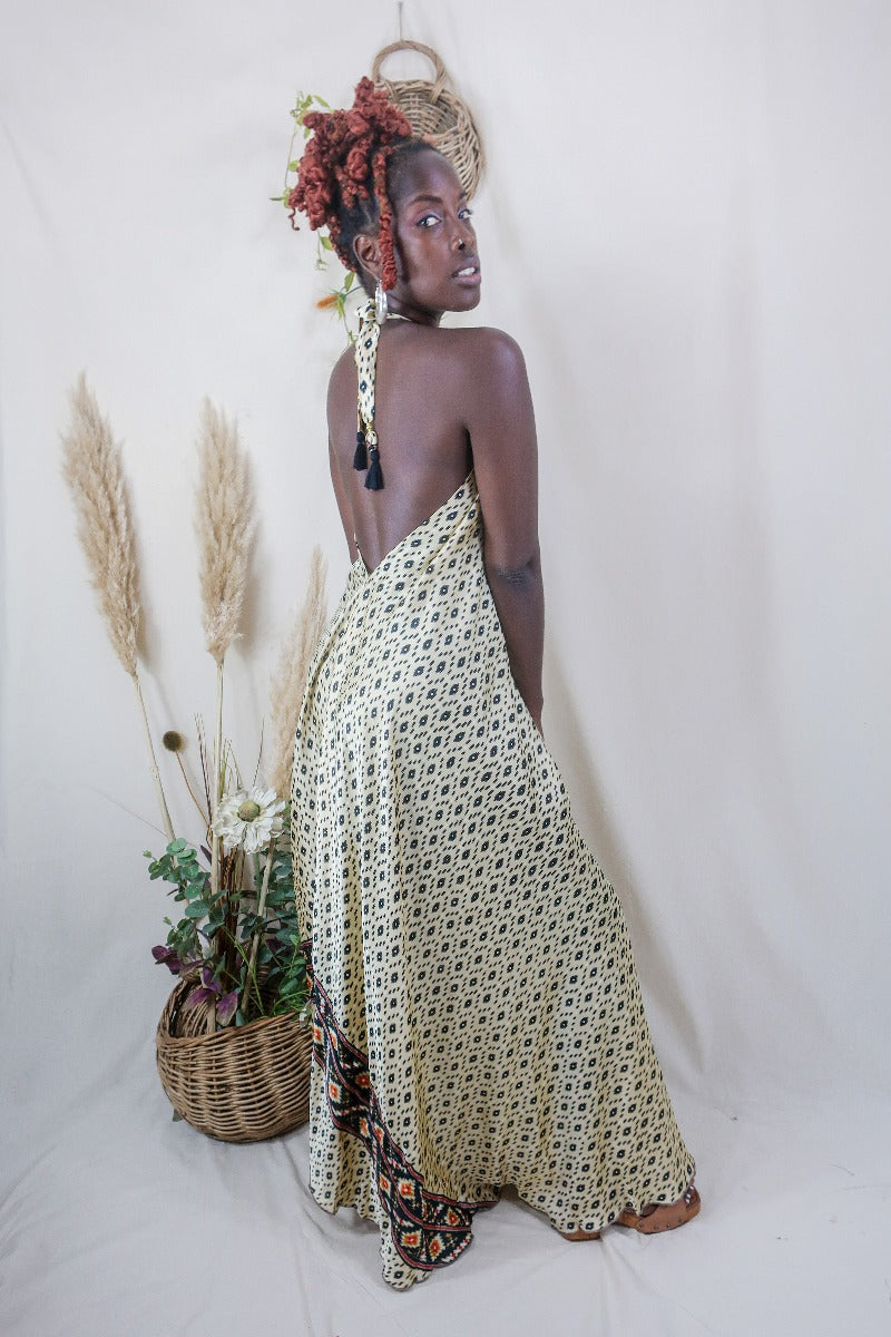 Athena Maxi Dress - Vintage Sari - Cream & Charcoal Kilim Print - S to L/XL By All About Audrey