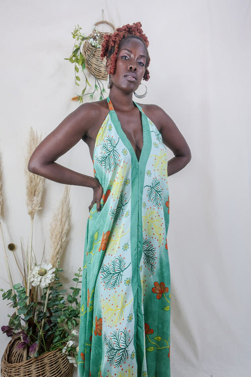 Athena Maxi Dress - Vintage Sari - Sage Green & Ginger Floral - S to L/XL By All About Audrey