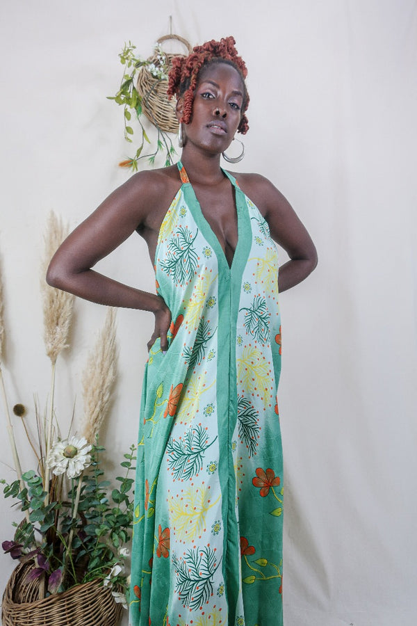 Athena Maxi Dress - Vintage Sari - Sage Green & Ginger Floral - S to L/XL By All About Audrey