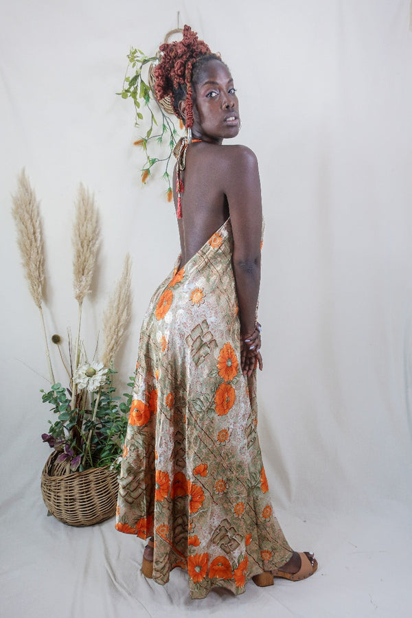 Athena Maxi Dress - Vintage Sari - Cantaloupe Orange Abstract Floral - S to L/XL By All About Audrey