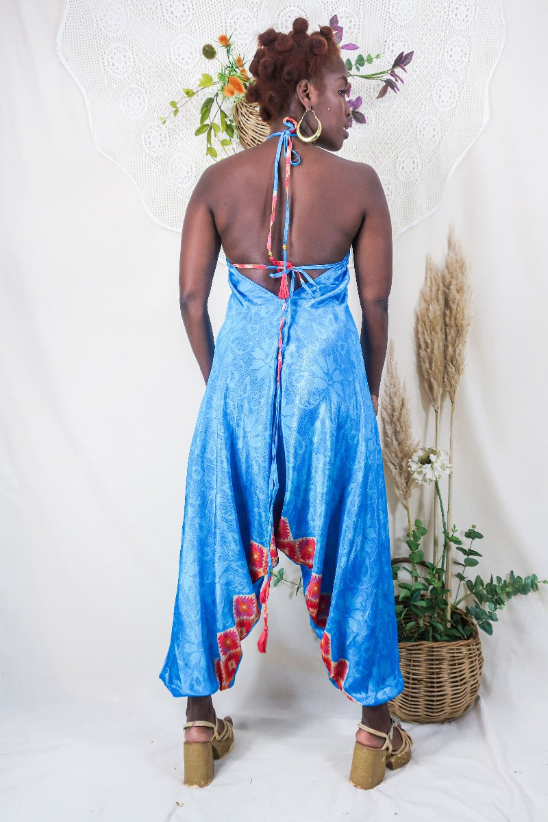 Medusa Harem Jumpsuit - Vintage Sari - Ocean Blue & Rust Kilim Print - S/M By All About Audrey