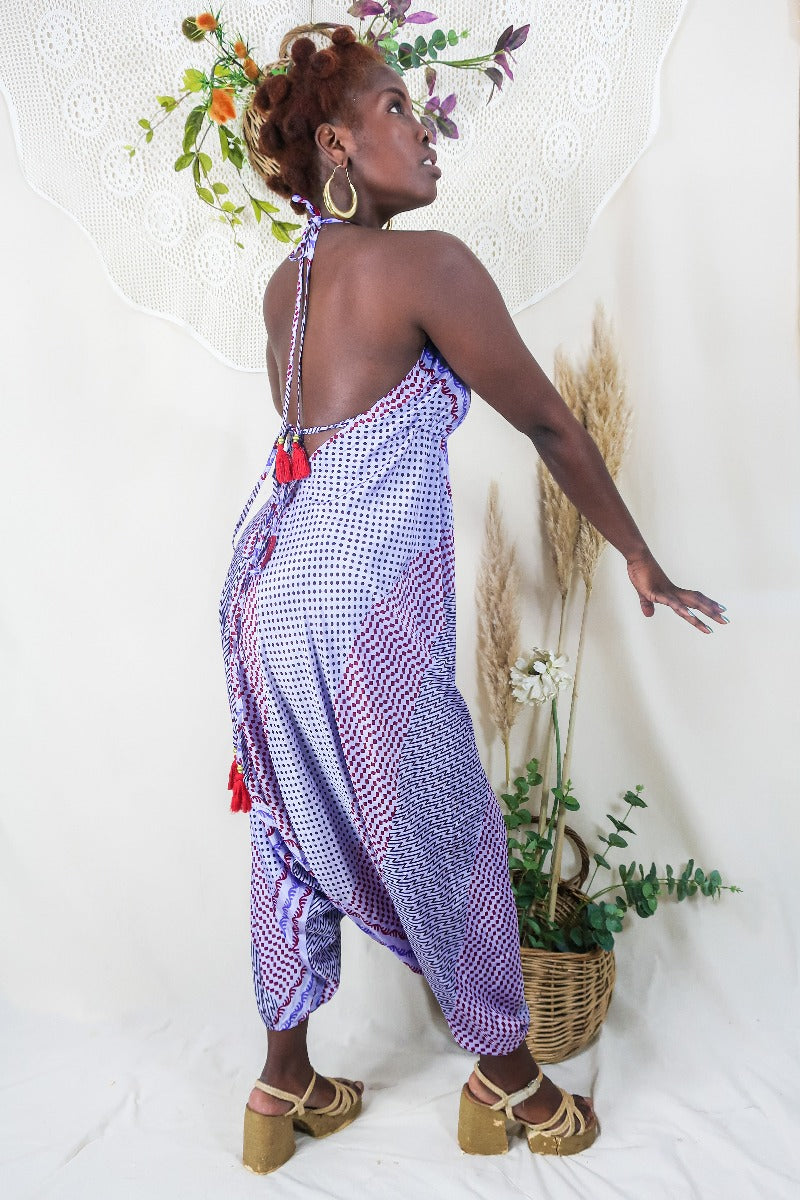 Medusa Harem Jumpsuit - Vintage Sari - Lilac Spots & Stripes - M/L By All About Audrey