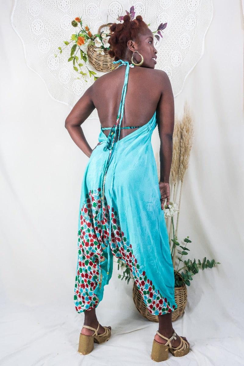 Medusa Harem Jumpsuit - Vintage Sari - Aqua Diamonds & Daisies - L By All About Audrey