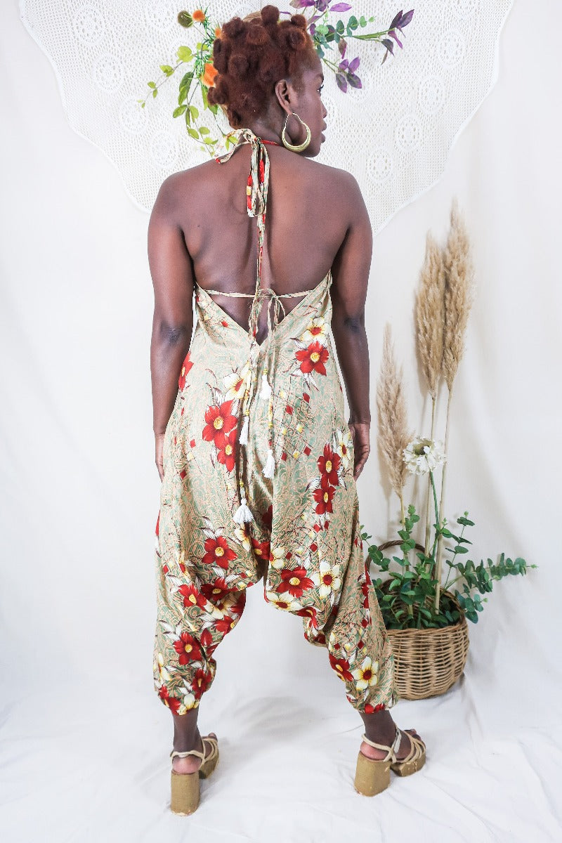 Medusa Harem Jumpsuit - Vintage Sari - Pistachio Green & Rust Red Flowers - L/XL By All About Audrey