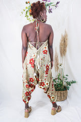 Medusa Harem Jumpsuit - Vintage Sari - Pistachio Green & Rust Red Flowers - L/XL By All About Audrey
