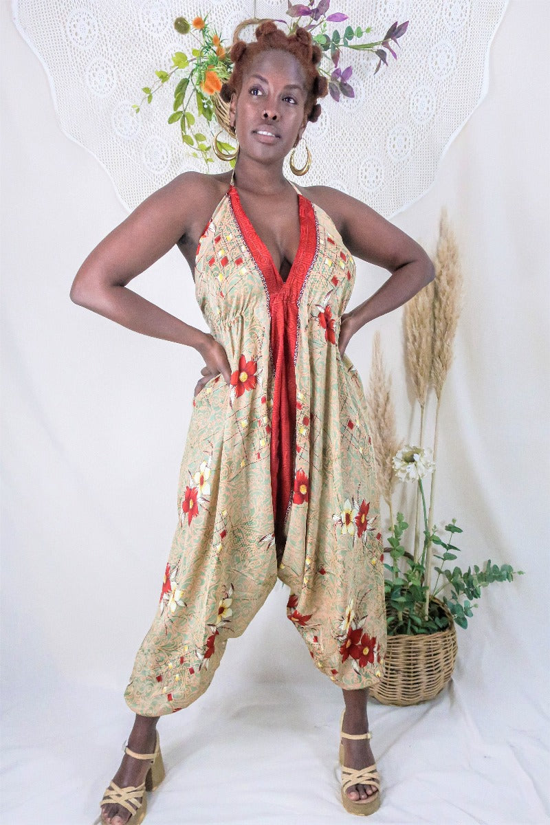 Medusa Harem Jumpsuit - Vintage Sari - Pistachio Green & Rust Red Flowers - L/XL By All About Audrey