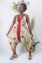 Medusa Harem Jumpsuit - Vintage Sari - Pistachio Green & Rust Red Flowers - L/XL By All About Audrey