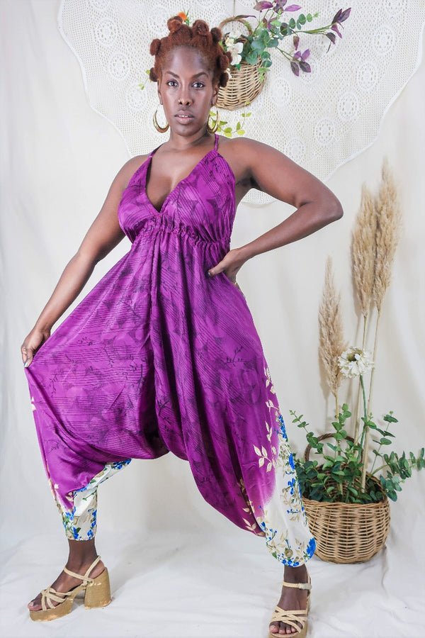 Medusa Harem Jumpsuit - Vintage Sari - Plum Purple with Blue Roses - L/XL By All About Audrey