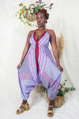 Medusa Harem Jumpsuit - Vintage Sari - Lilac Spots & Stripes - M/L By All About Audrey