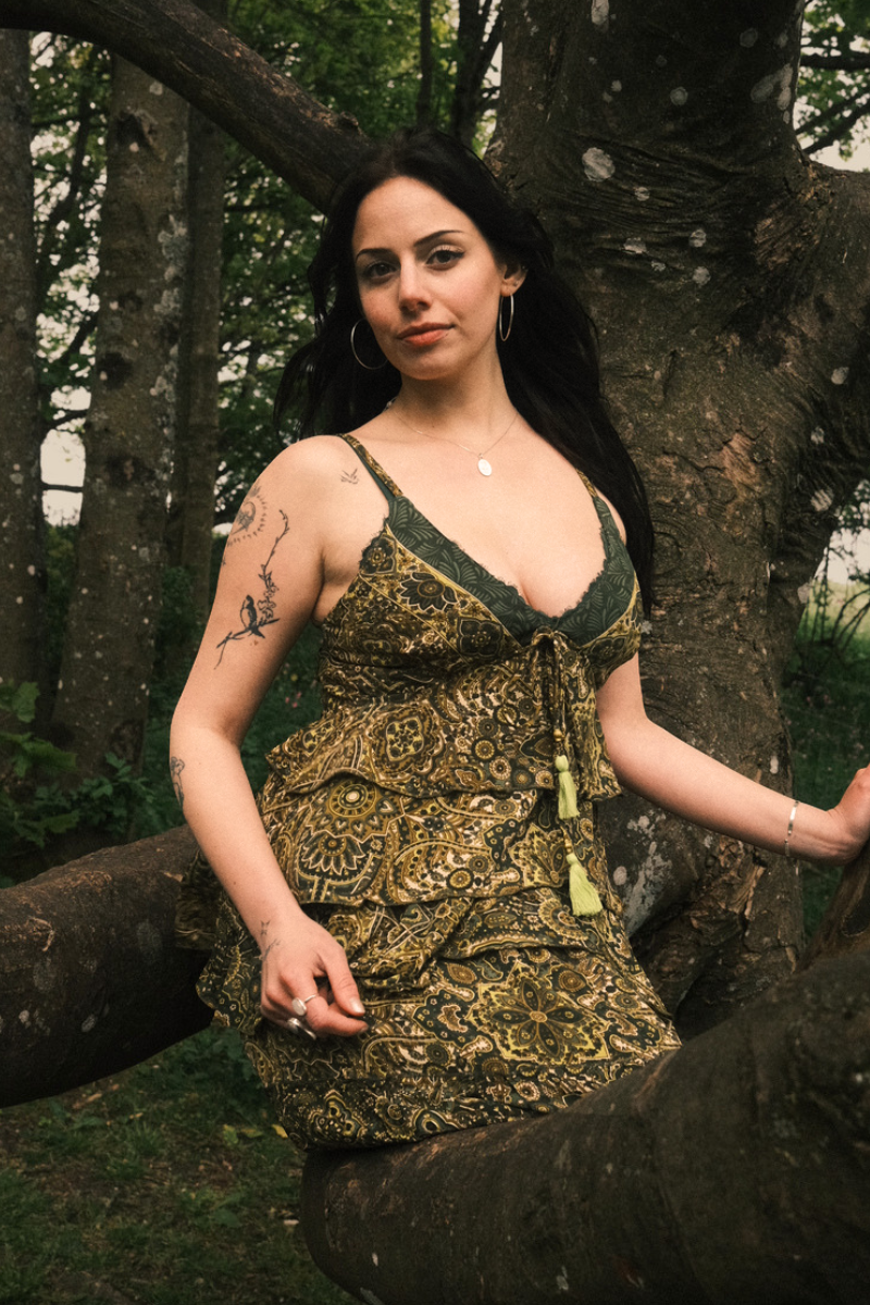 Celeste Babydoll Cami Top in Coltrane Green Mandala
