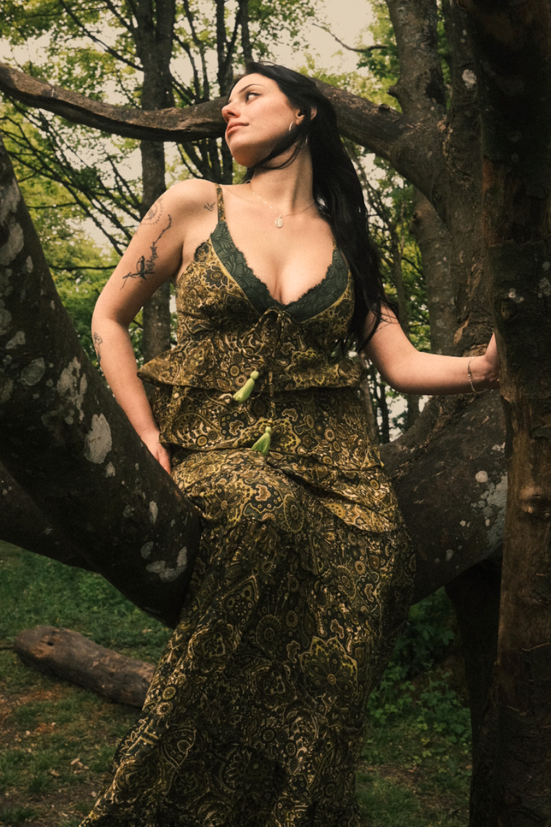 Celeste Babydoll Cami Top in Coltrane Green Mandala
