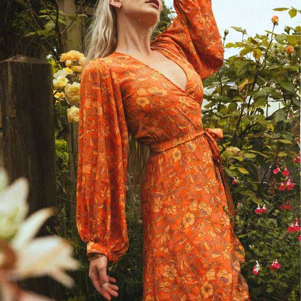 Lola Folklore Floral Wrap Dress in Maple Orange – All About Audrey