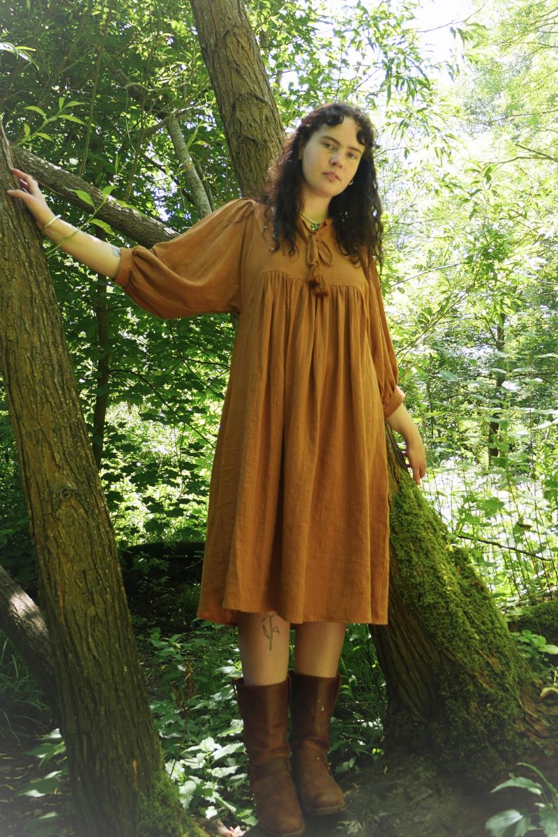 Posy Organic Cotton Boho Midi Dress in Tan Brown