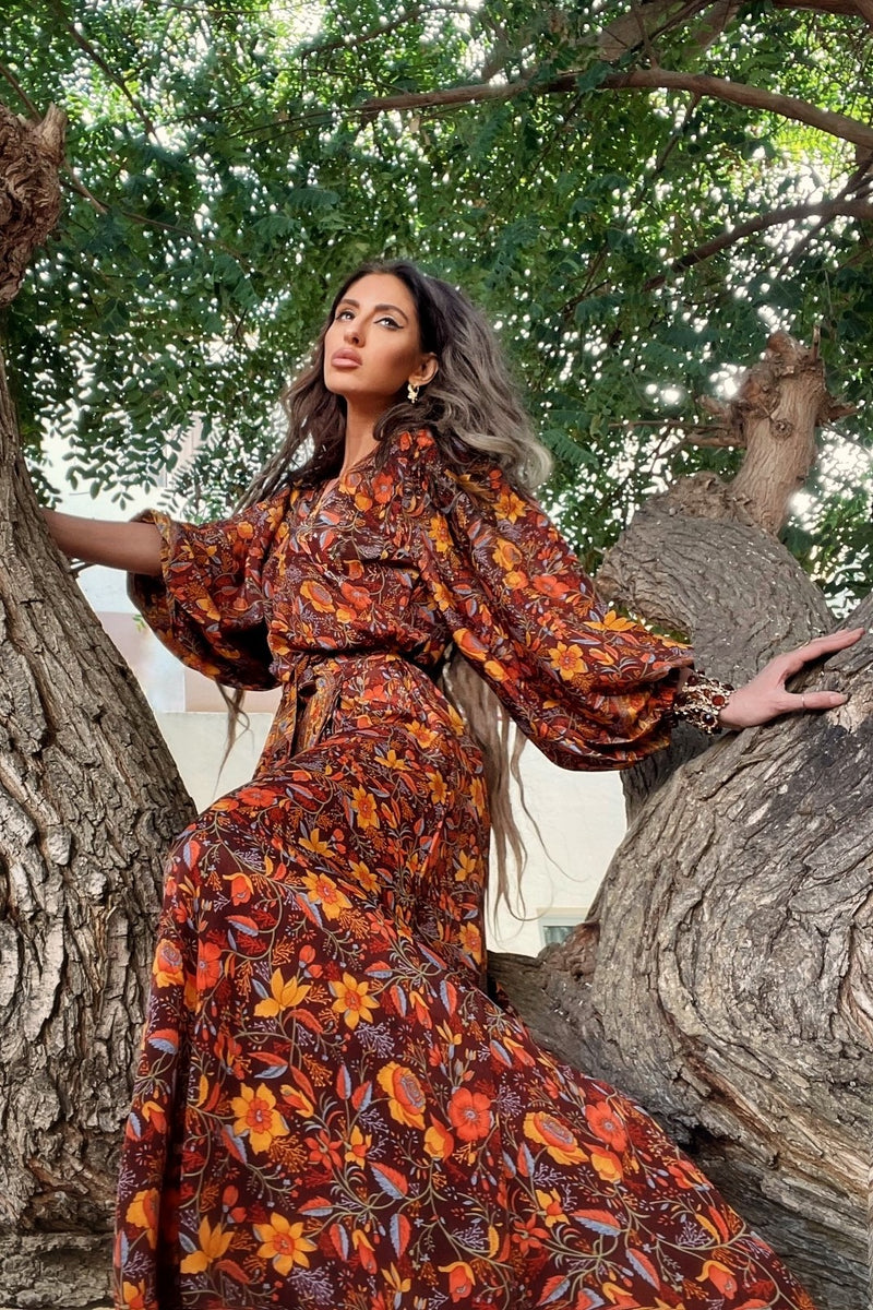 Lola Folklore Floral Wrap Dress in Mahogany Brown by all about audrey