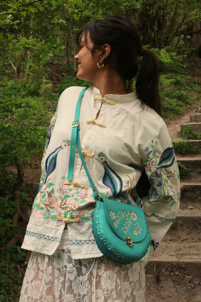 Jemima Embossed Saddle Bag in Aquamarine Blue