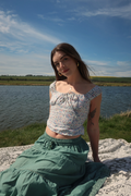 Taylor Vintage Curtain Bustier Crop Top in Snowbell White with Pastel Buds - Size XS