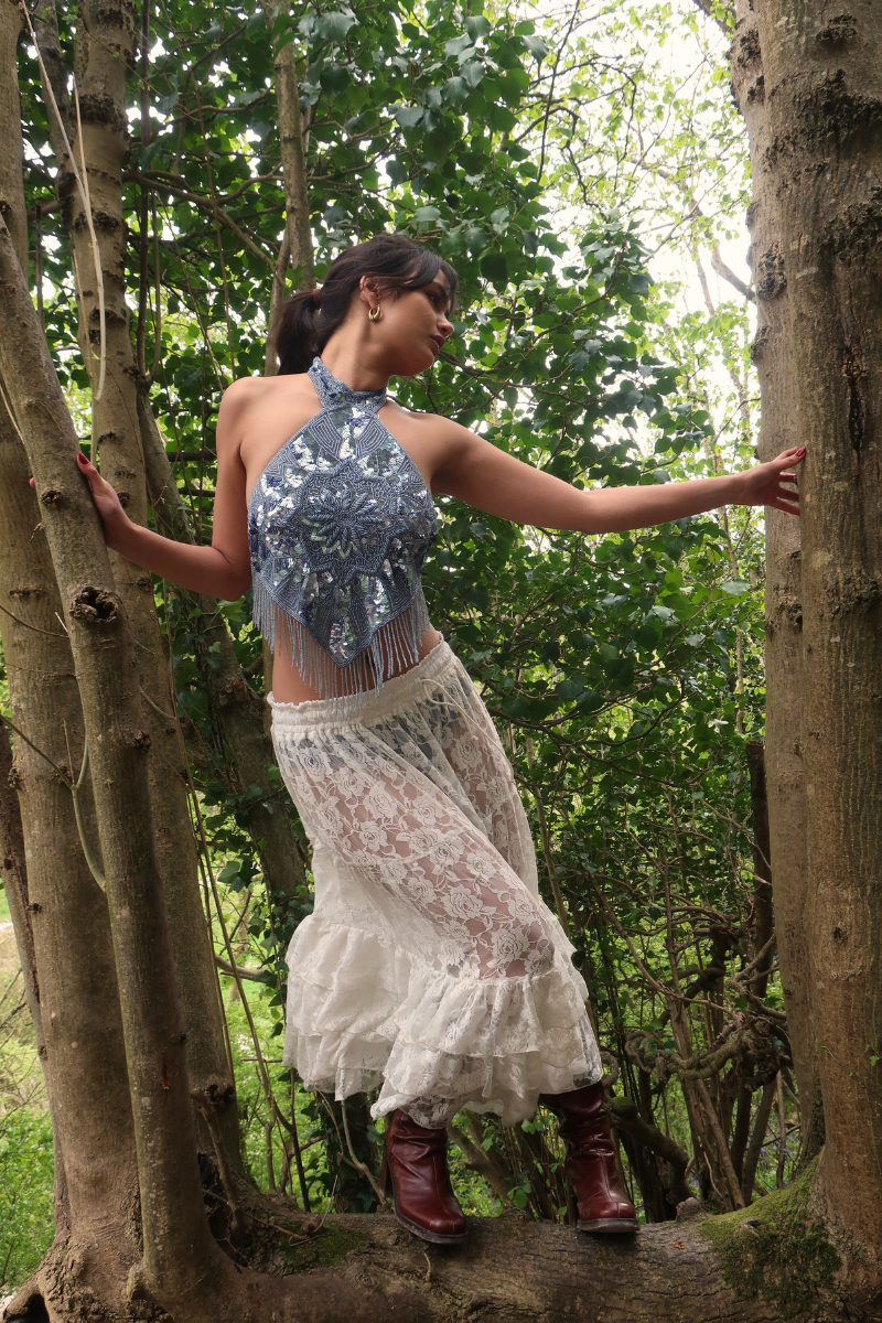 Beaded Handkerchief Halter Top in Cinderella Blue