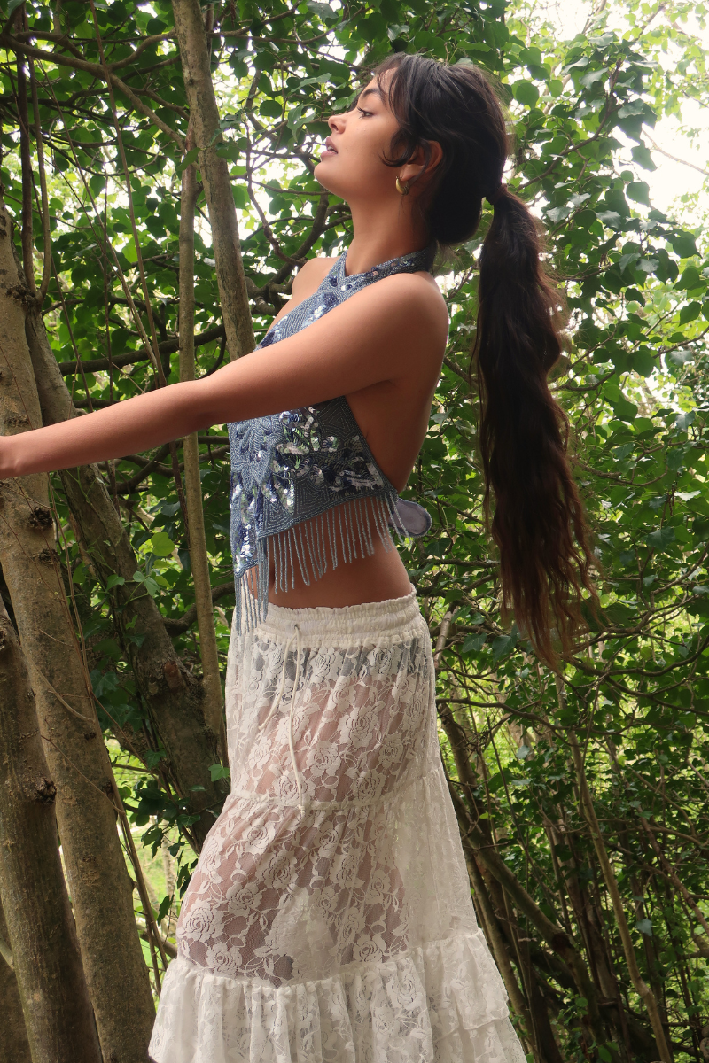 Beaded Handkerchief Halter Top in Cinderella Blue