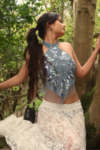Beaded Handkerchief Halter Top in Cinderella Blue