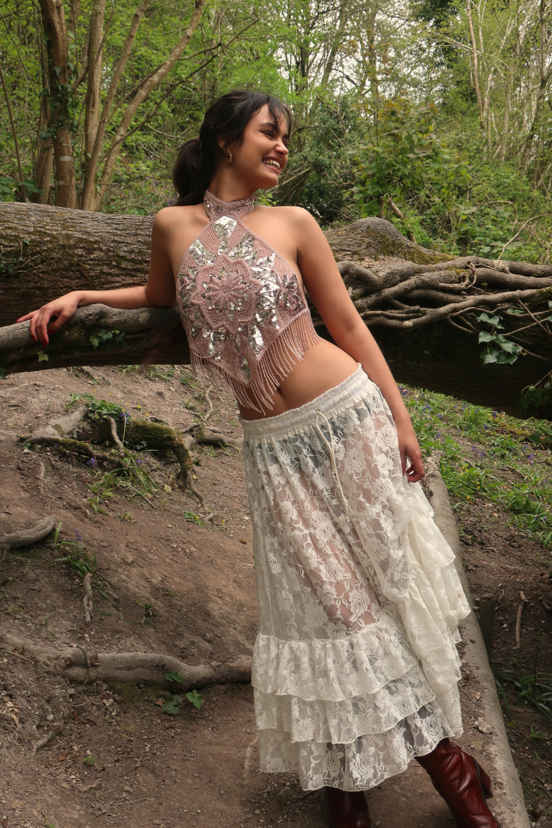 Beaded Handkerchief Halter Top in Crystal Rose Pink