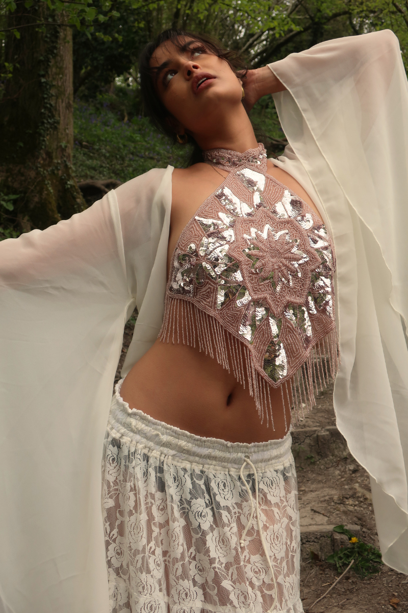 Beaded Handkerchief Halter Top in Crystal Rose Pink