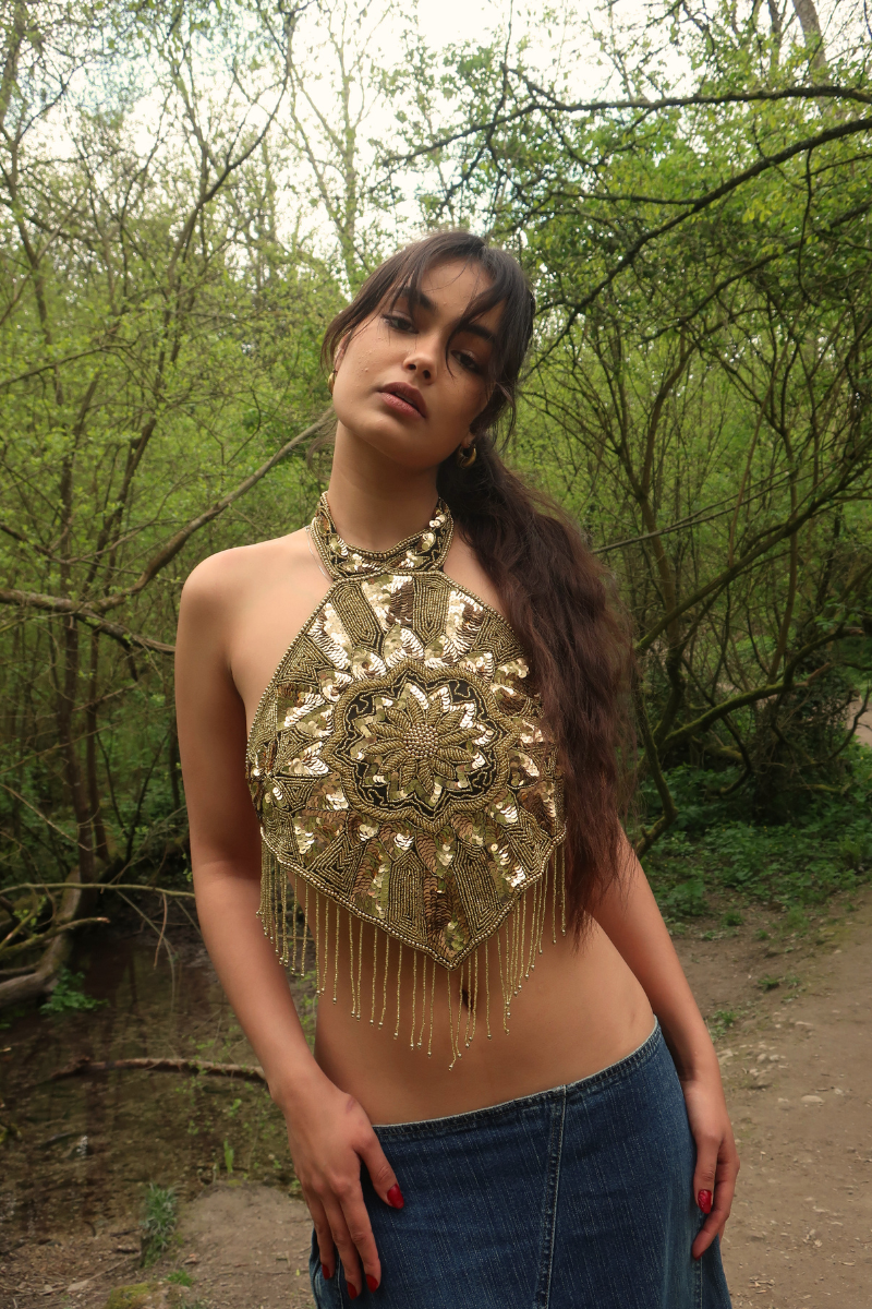 Beaded Handkerchief Halter Top in Golden Sundrop