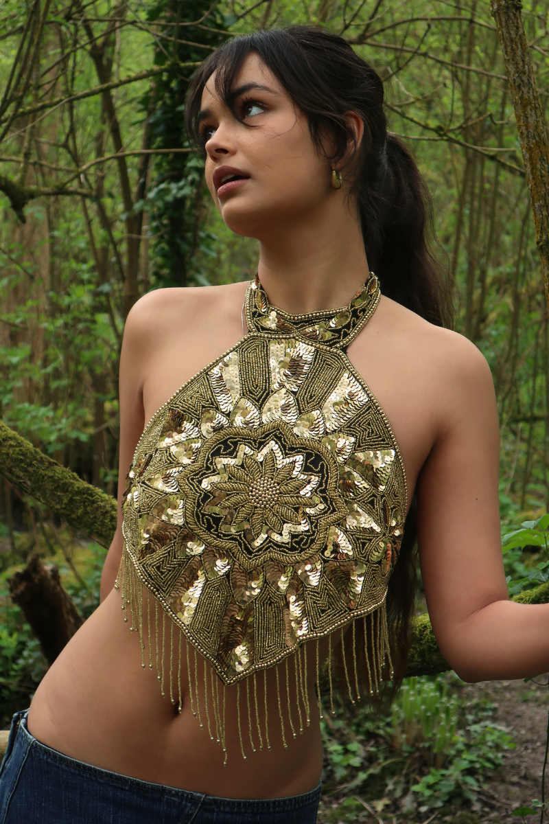 Beaded Handkerchief Halter Top in Golden Sundrop