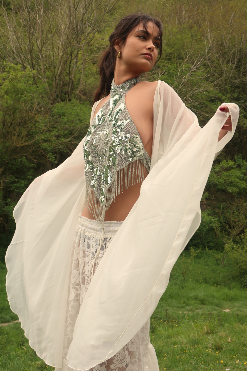 Beaded Handkerchief Halter Top in Sparkling Sage Green