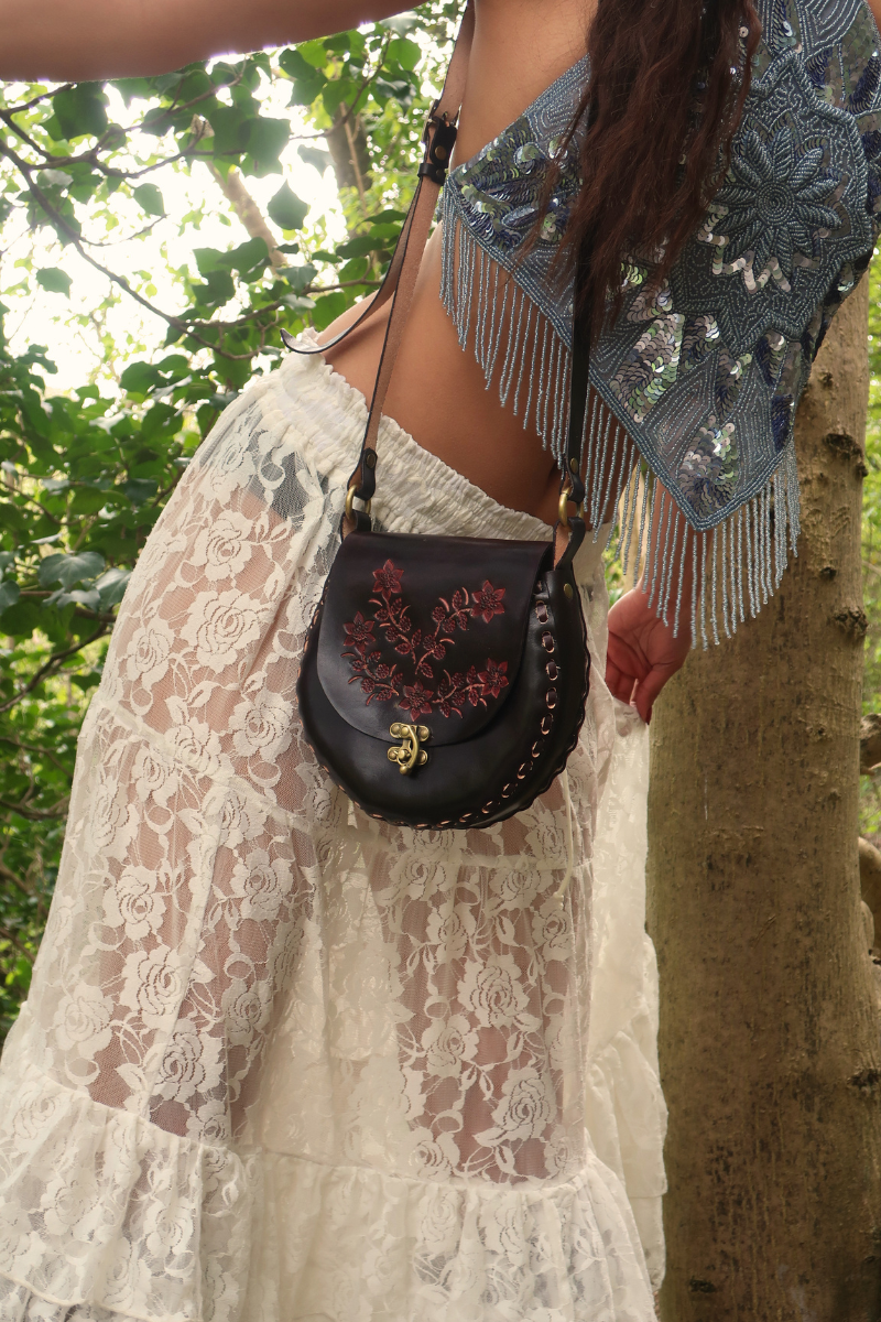 Jemima Embossed Saddle Bag in Black Orchid