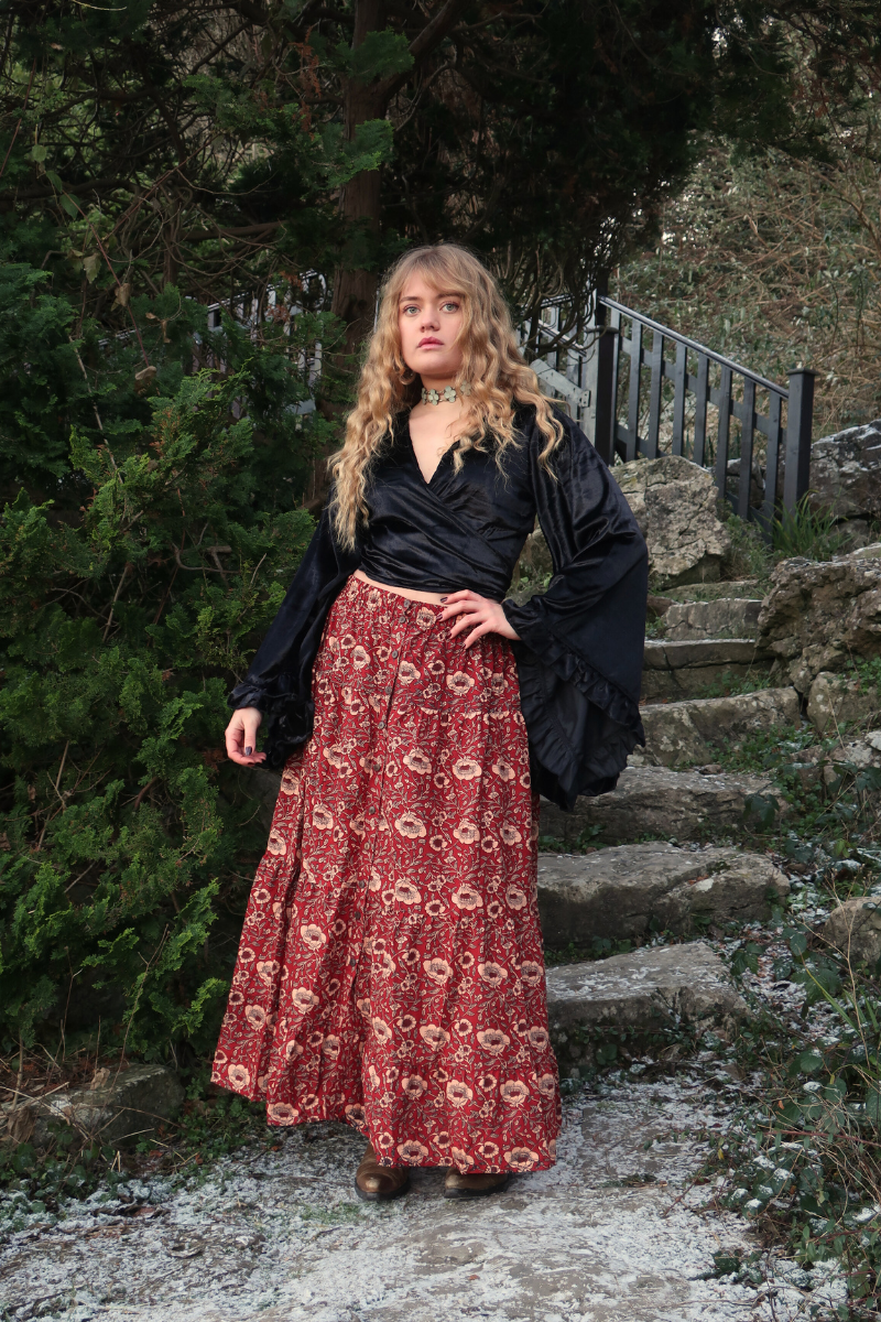Georgie Button Up Skirt in Poppy Red Block Print Floral