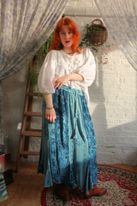 Embroidered Velvet Handkerchief Midi Skirt in Oceanic Blue